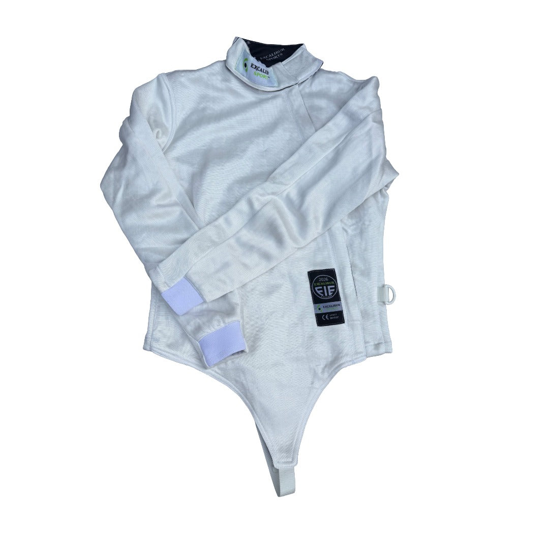 A front zip, 800N FIE fencing jacket with full liner and adjustable cuissard shown against a white background.