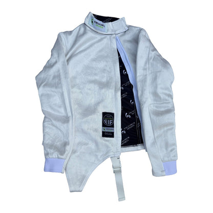 A front zip, 800N FIE fencing jacket with full liner and adjustable cuissard shown against a white background.