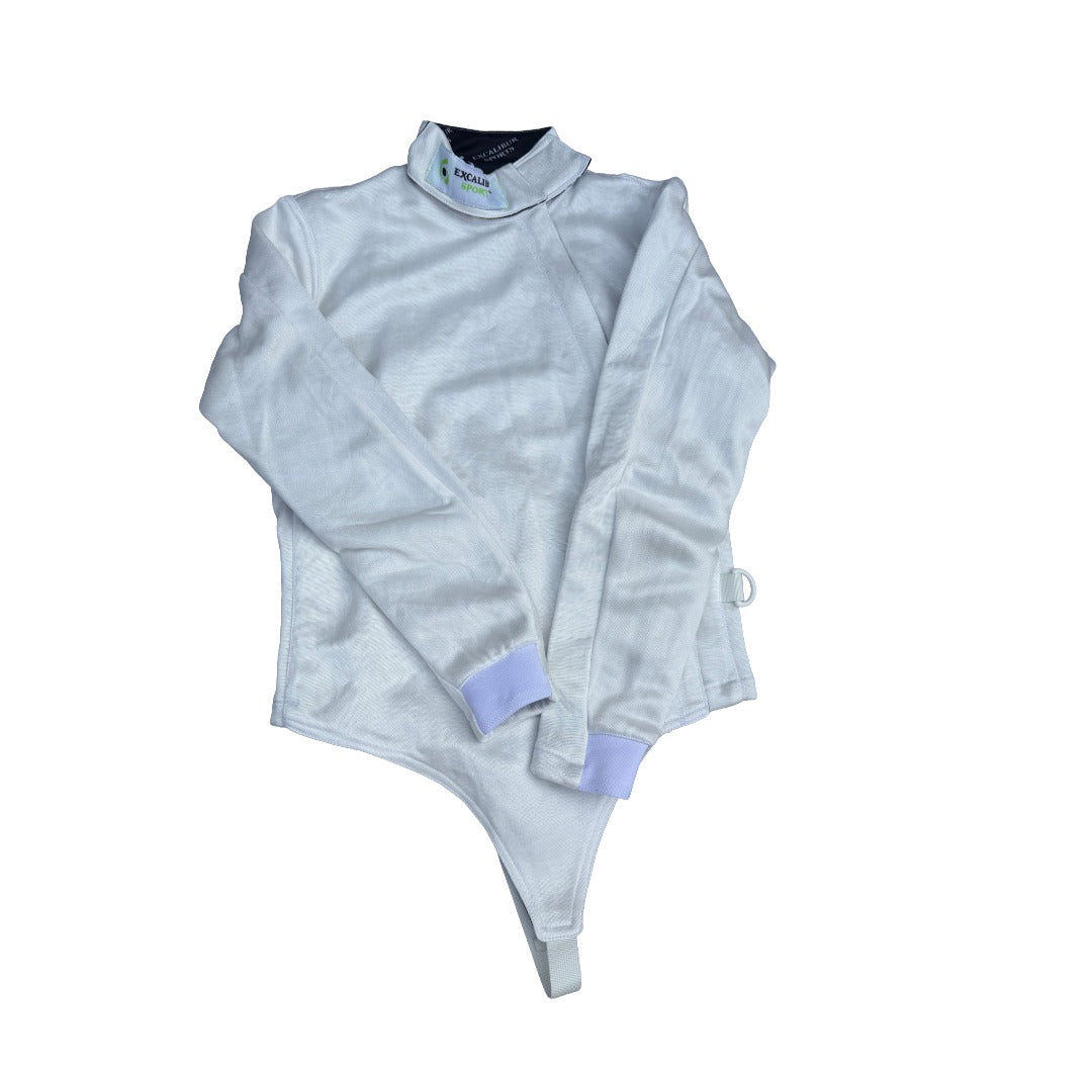A front zip, 350N fencing jacket with full liner and adjustable cuissard shown against a white background.
